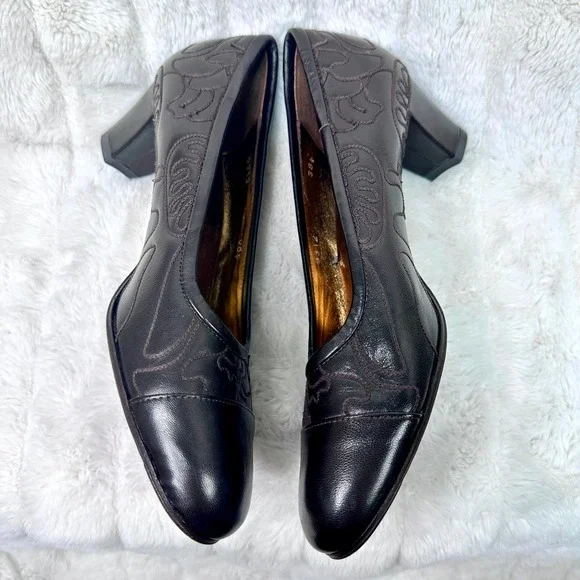 Taryn Rose Pumps Women 38.5 Brown Excellent Embroidered Leather Block Heel 9312 - Picture 6 of 11